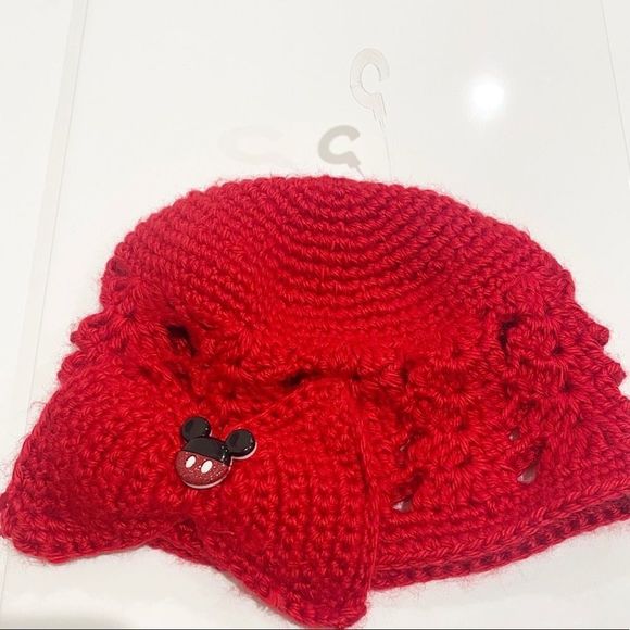 Other - MICKEY MOUSE red infant baby toddler crotchet knit beanie hat with big red‎ bow